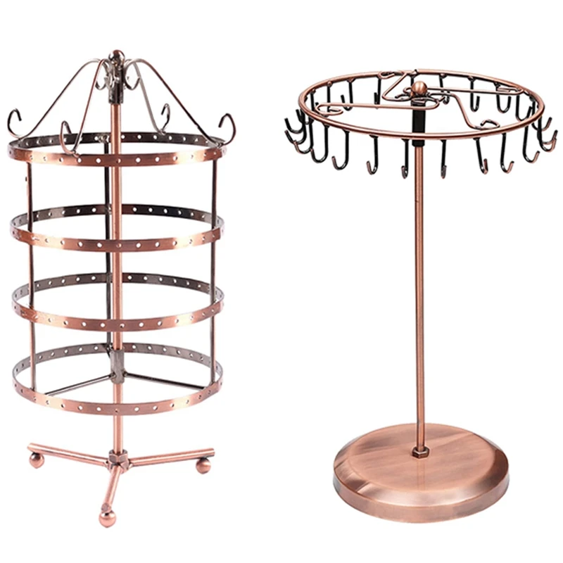 

4 Tiers Copper Color Rotating 72 Pairs Earring Holder & Jewelry Stand 23-Hooks Rotating Necklace Storage Box