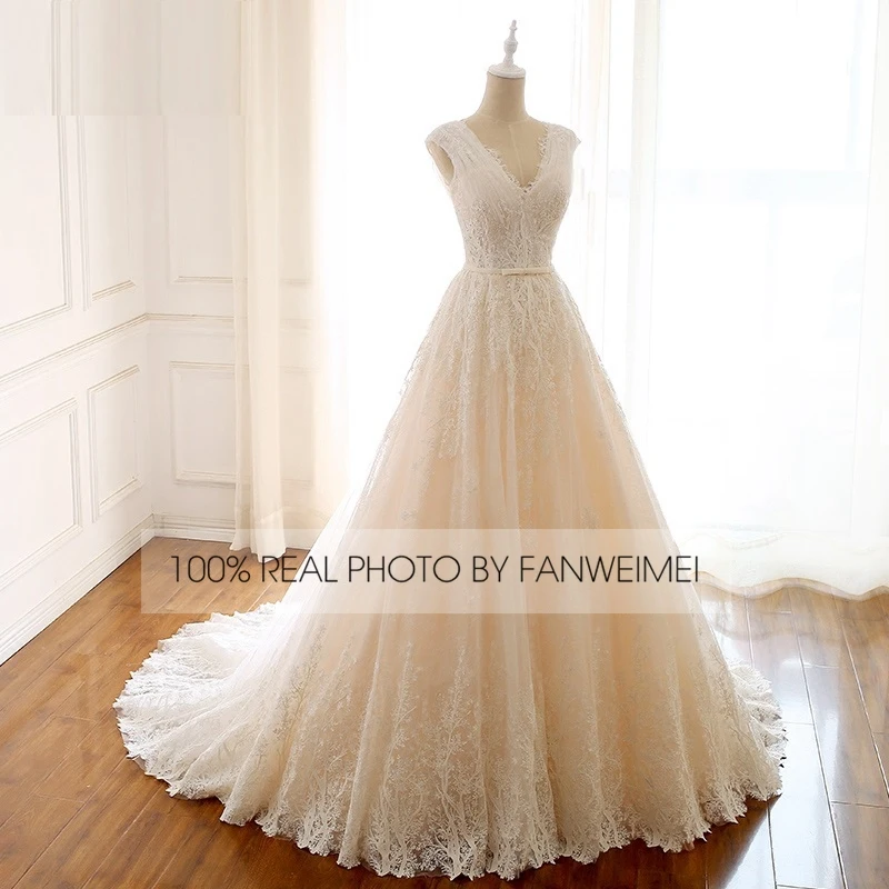 Suzhou Color A Line Sleeveless V-Neck Champagne Lace Wedding Dress Bridal Dress Wedding