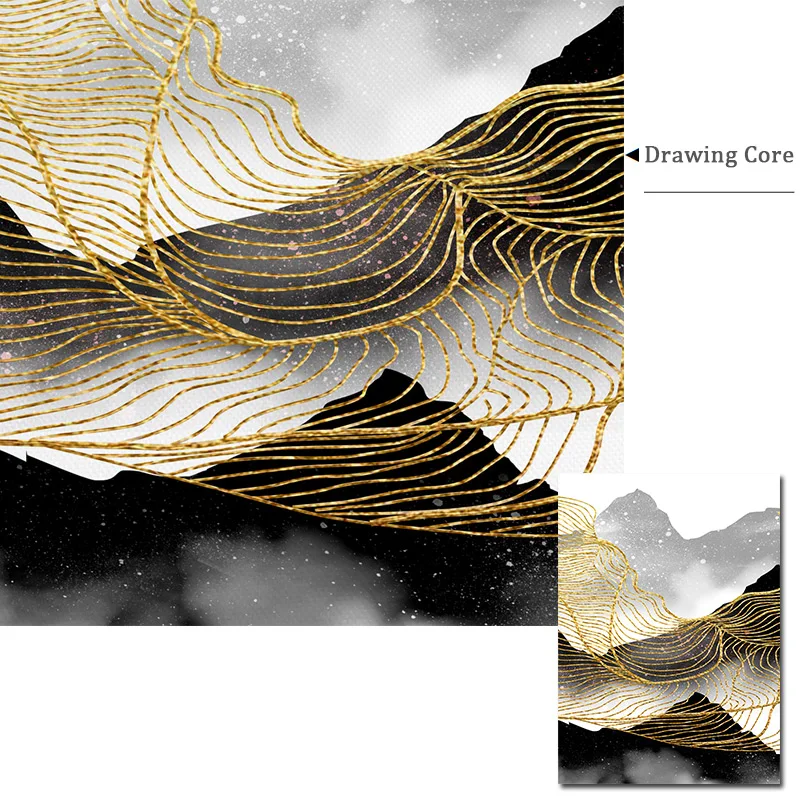 Черно Золотой пейзаж на холсте настенные картины искусство для тумана горы