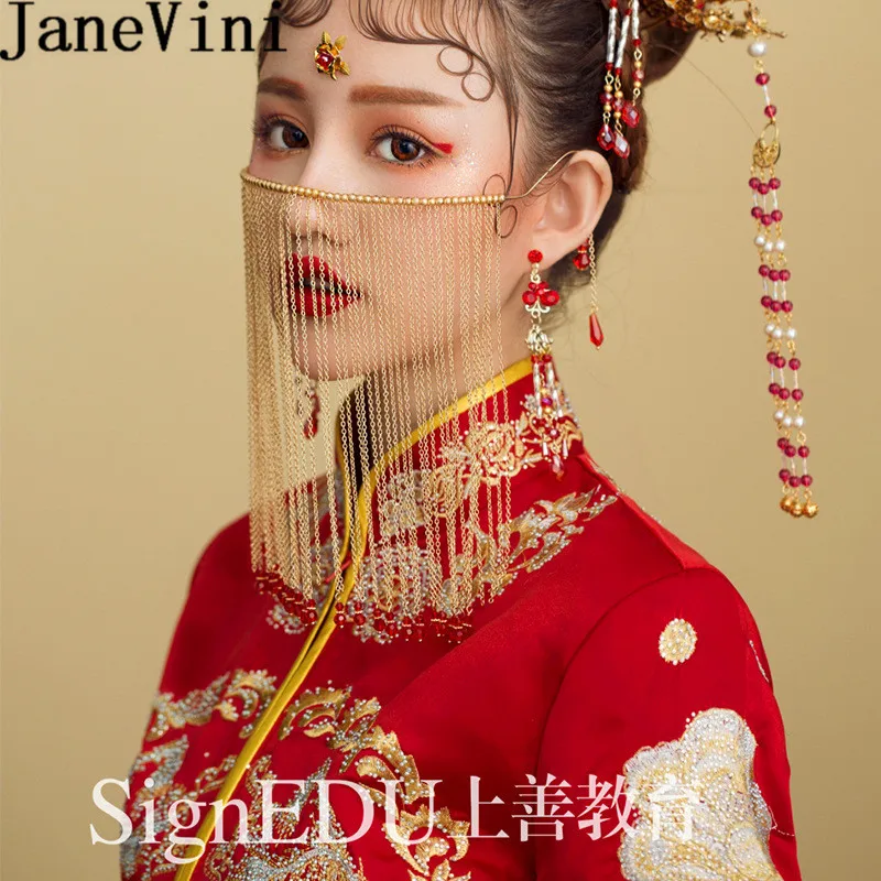 JaneVini китайский Стиль невесты уход за кожей лица крышка с длинной бахромой