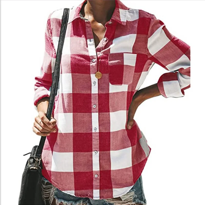 

Autumn New Women's Plaid Print Turn-down Collar T Shirt Blouse Clothing Button Casual Plus Size Fashion OL Long Sleeve Shirt Top