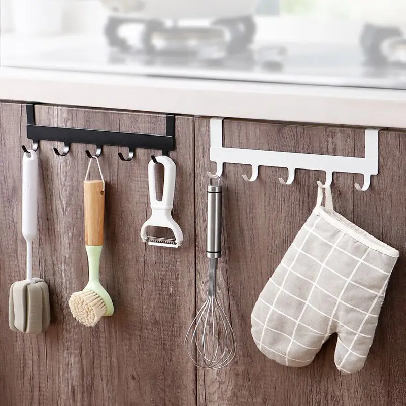 

5 Hooks Wrought Iron Cabinet Door Hook Kitchen Nail-free Door Bathroom Seamless Rack Free Punching Wall Hook