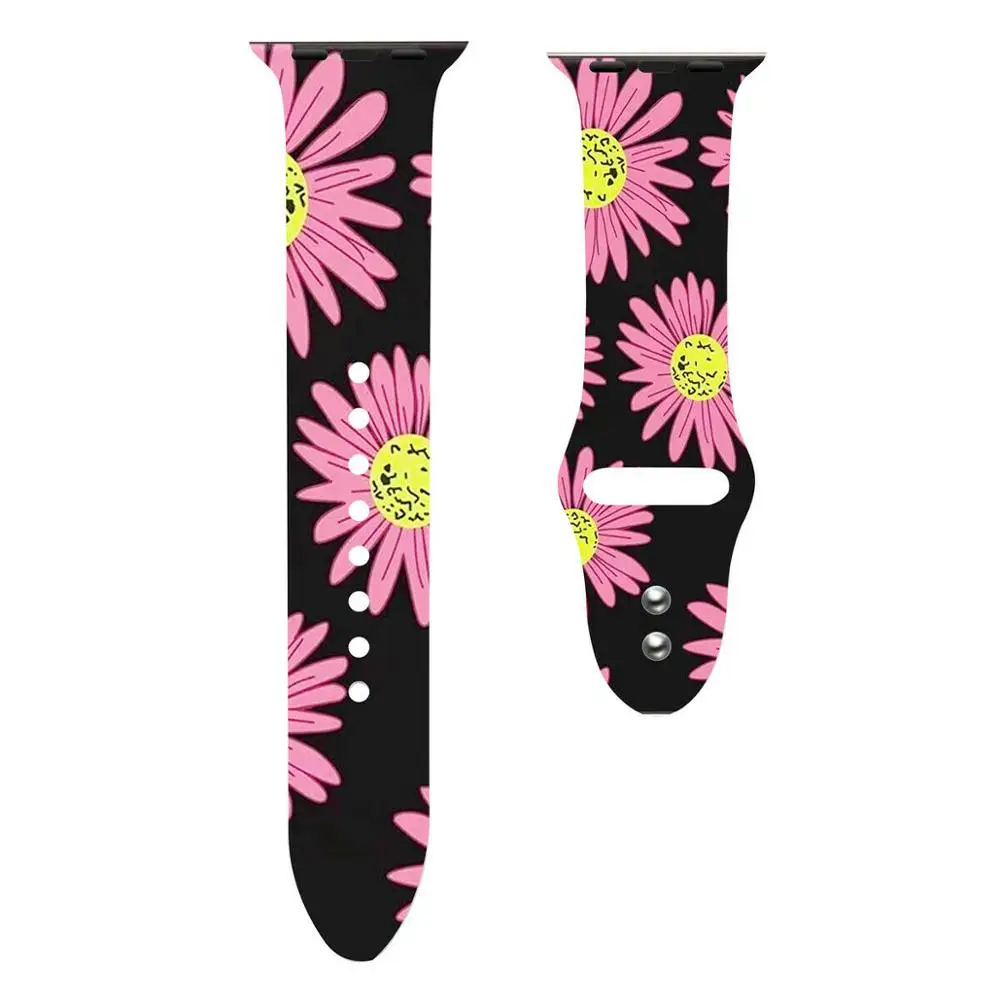 Purple Daisy Сменный спортивный ремешок для Apple Watch Band 5, 4, 44 мм, 40 мм, силиконовый браслет с цветочным принтом для iWatch Series 3, 2, 1, 42 мм, 38 мм - Цвет ремешка: Purple Daisy