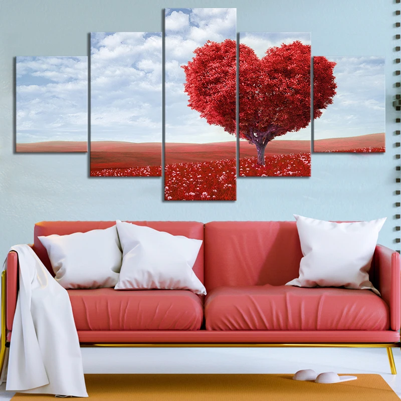 

Canvas HD Prints Painting Picture Wall Art 5 Panel Red Heart Tree Prairie Landscape Home Decor Modular Poster Modern Living Room