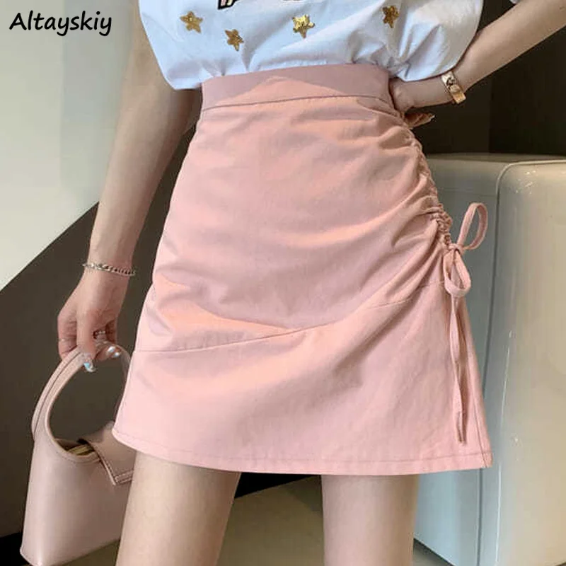 

Skirts Women Solid A-line Abdomen Bow Korean Version Summer Leisure Streetwear High Waist Irregular Simple Trendy Lady Popular