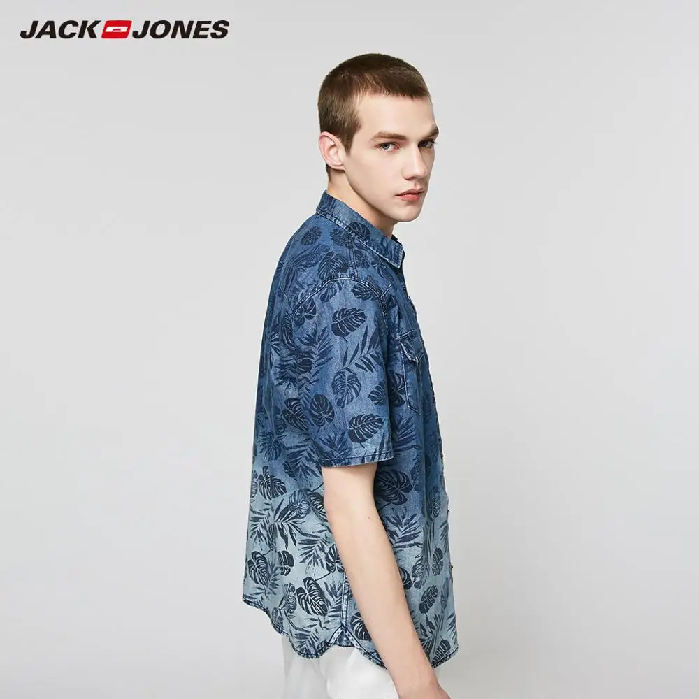 JackJones Для мужчин's 100% хлопок с тропическим принтом короткими рукавами джинсовая