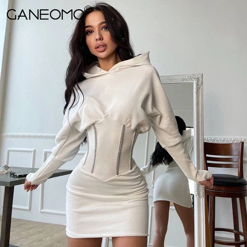 

Bandage Tunic Mini Dresses for Women Fall 2021 Long Sleeve Cotton Hooded Sweatshirt Dress Autumn Casual Streetwear Female White