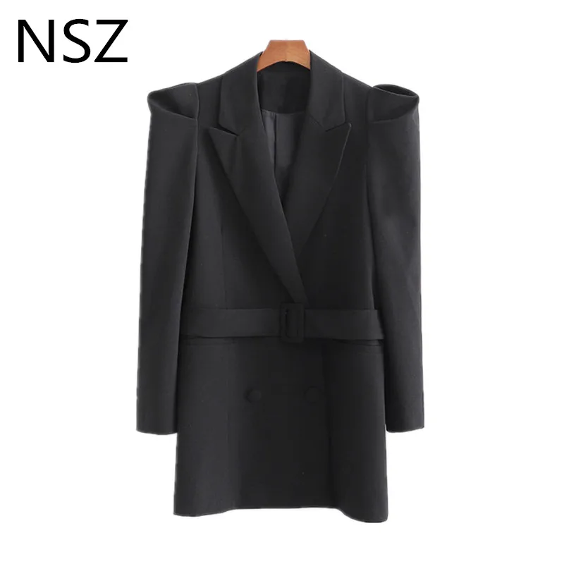 NSZ женский черный блейзер элегантный пиджак с поясом модный двубортный шикарный