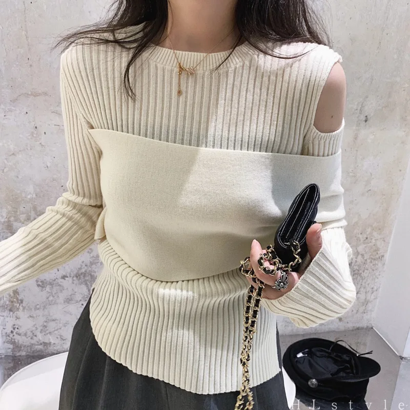 

Patchwork Striped Casual Sweater For Women O Neck Long Sleeve Off Shoulder Slim Pullovers Female 2020 Fashion New Fall K930