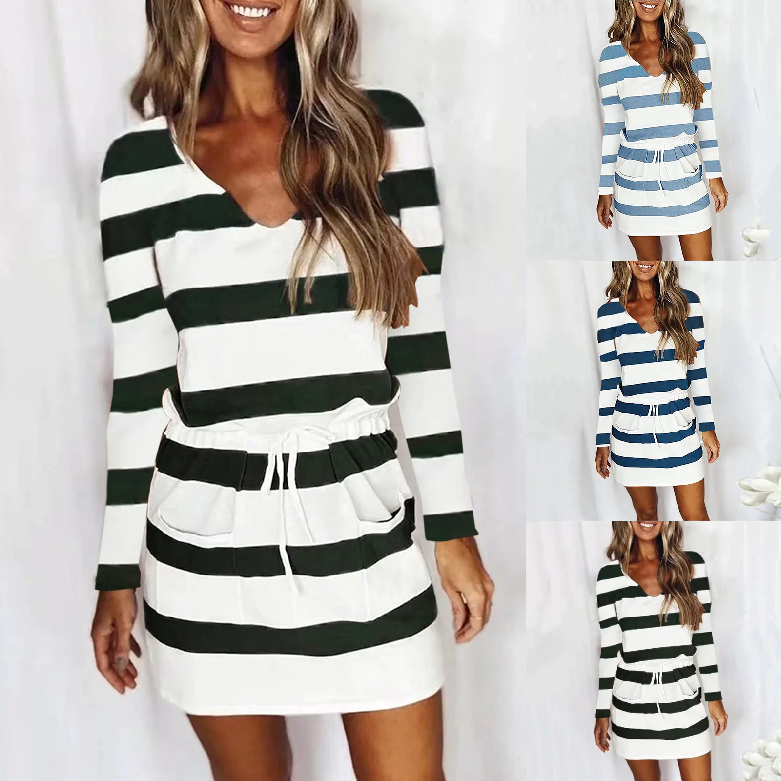 

Mini Dress Women Fall 2021 New V Neckline Waistline Lace Up Multicolor Printed Long Sleeve Dress