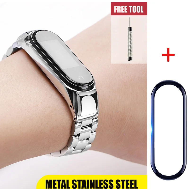 silver strap-Film 2в1/упаковка для Mi Band 4 ремешок с защитной пленкой для экрана для Mi Band 4 браслет Miband 4 браслет металлический ремешок аксессуары - Цвет: silver strap-Film