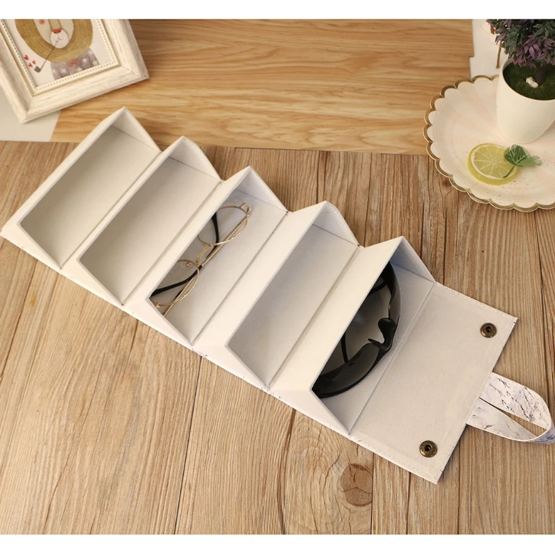 

5-Slot Travel Sunglasses Organizer Collector - Multiple Leather Sunglasses Case Foldable Eyeglasses Storage Box J60E