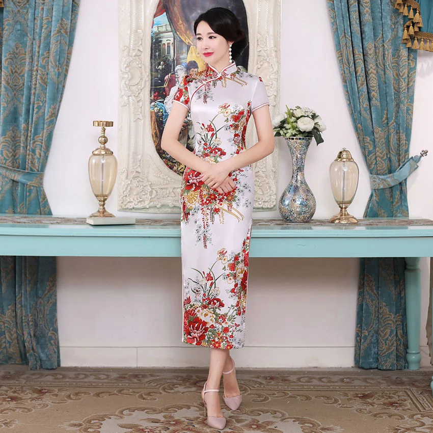 

Female Chinese Cheongsams Traditional Wedding Dress Split Sexy Long Robe Floral Appliques Split Women Bodycon Dress Costumes