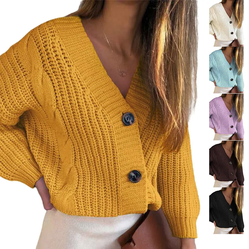 

Knitted Cardigan for Women Solid Loose Twist Button Coarse Yarn Long Sleeve Sweater Cardigans Office Lady Top Autumn Winter 2021