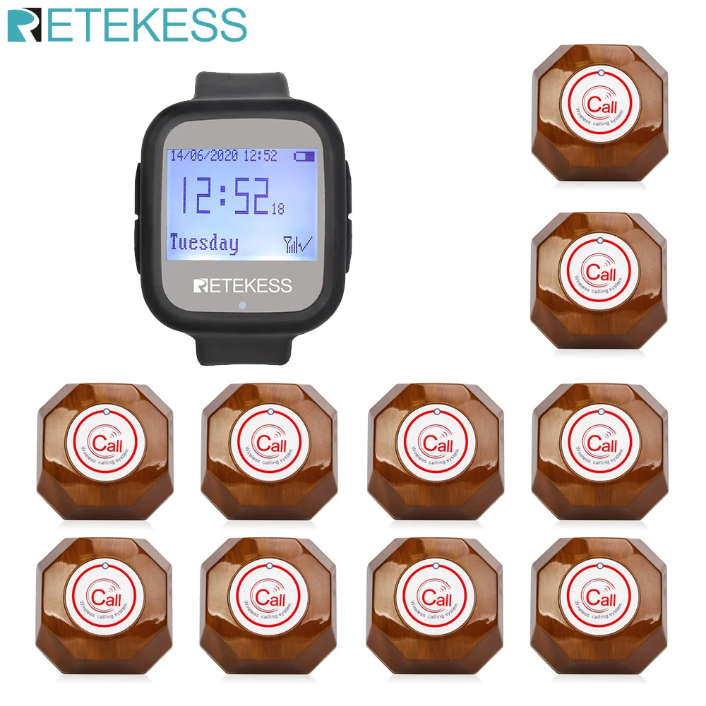 Беспроводная система вызова Retekess часы приемник + 10 кнопок пейджер ресторанное