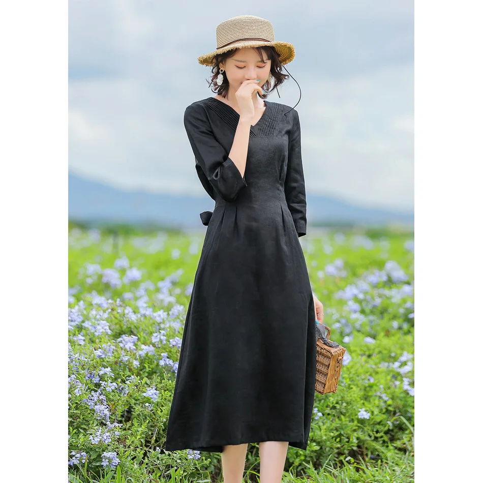 Original New Women's Clothing Linen Retro Striped Long Dress V-neck Black Dress Casual Women'S Dresses