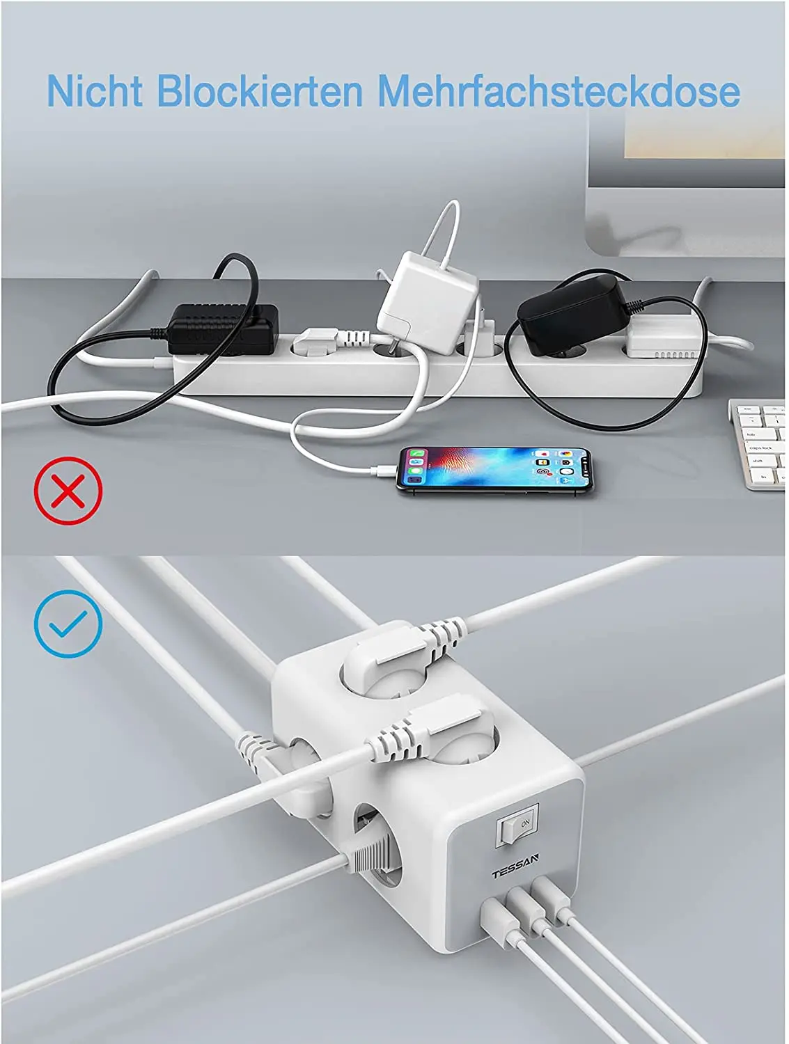 Сетевой удлинитель TESSAN настенный разветвитель с 6 розетками переменного тока 3 USB
