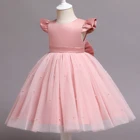 Летние платья для девочек, Тюлевое платье принцессы на день рождения с цветами, платье с открытой спиной и бантом для свадьбы и выпускного вечера, детские платья с жемчугом для вечеринки