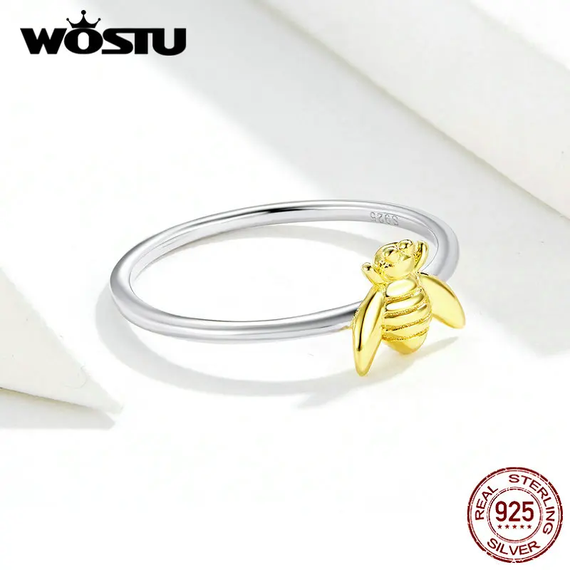 WOSTU 100% Real 925 Sterling Silver Lovely Bees Ring For Women Gold Color Wedding Rings Engagement Lover Fine Jewelry DXR595 | Украшения и