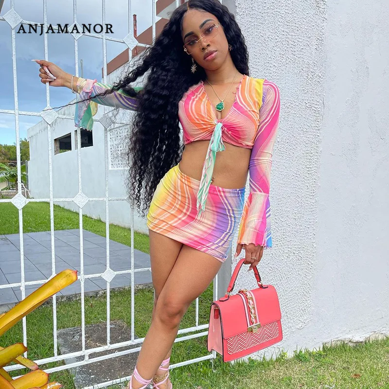 

ANJAMANOR Printed Mesh Two Piece Skirt Set Sexy Birthday 2 Piece Outfit for Women Vacation Beach Party Club Dress Sets D85BG18