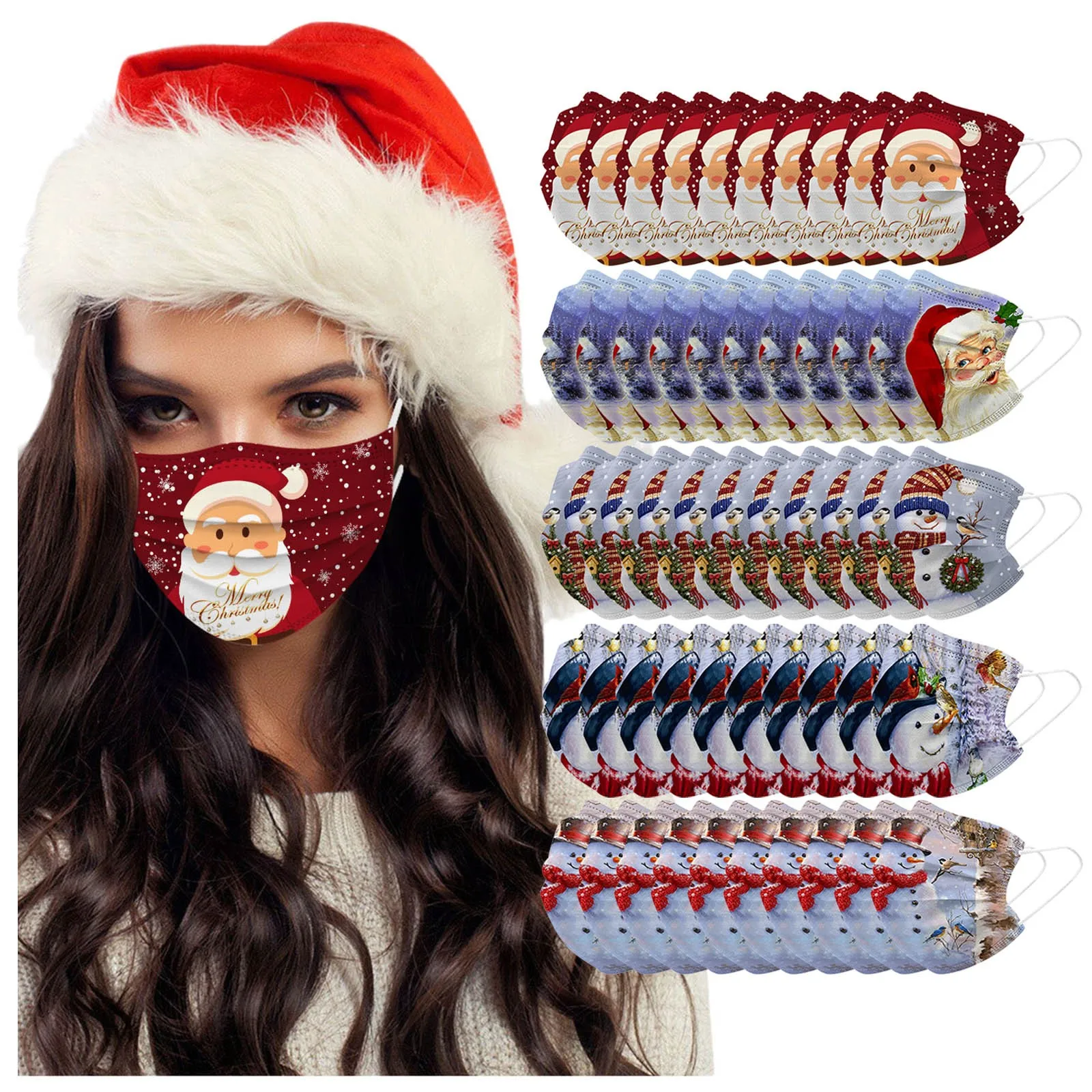

50pcs Man Women Christmas Masks Disposable Cartoon Face Mask Fashion 3ply Ear Loop Non Woven Meltblown Mouth Masks Party Decor