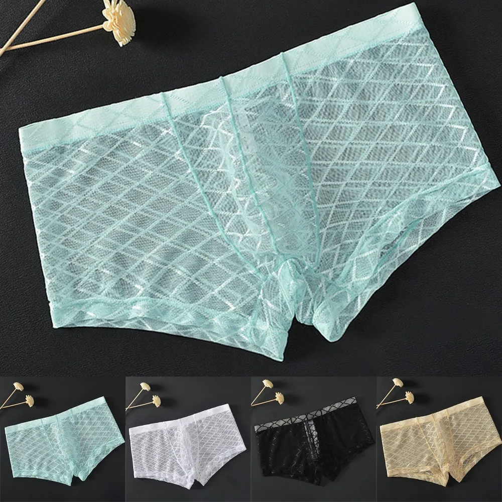 

Boxershorts Seamless Silky Soft Underwear Hot Sale Transparent Underwear Shorts Trunks Underpant Top Grid Pants Male Panties New