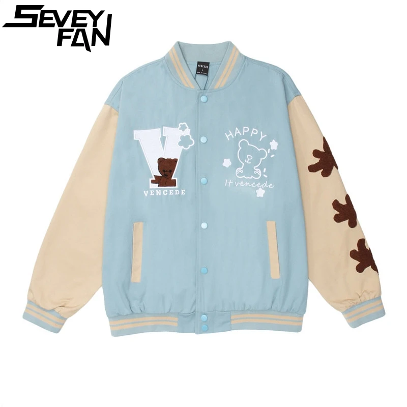 

SEVEYFAN мужской модный мультяшный медведь Вышивка куртки Harajuku в стиле пэчворк; Бейсбольное пальто для пар