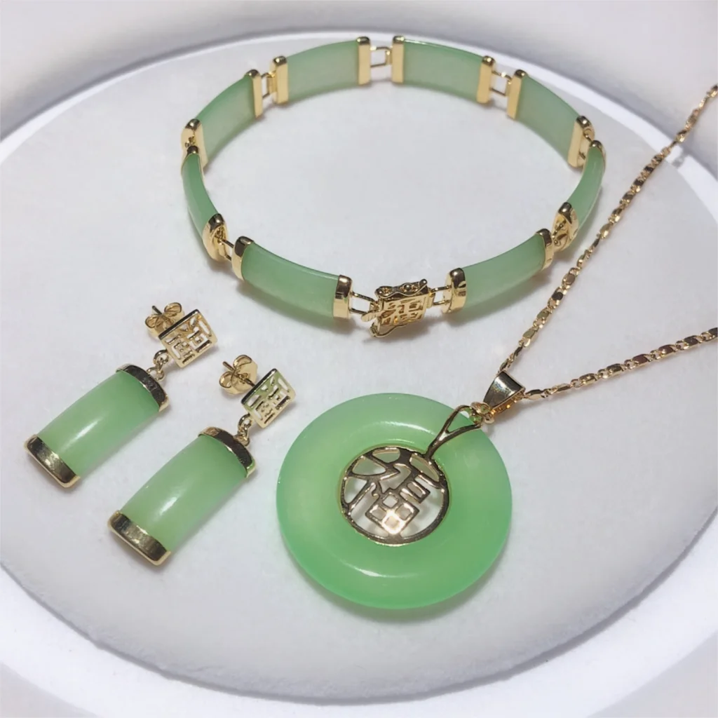 

noble light green Natural jade bracelet7.5", square earings, and pendant for Christmas and valentine's day gift