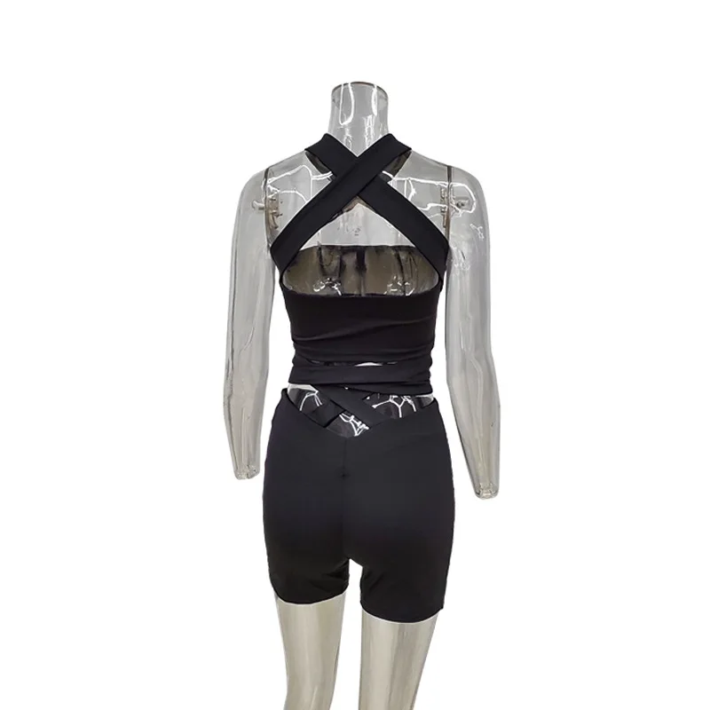 

Mandylandy Summer Halter Spaghetti Strap Strapless Backless Top + Strap Straight Shorts Suit Women's Slim Hollow Out Solid Suit