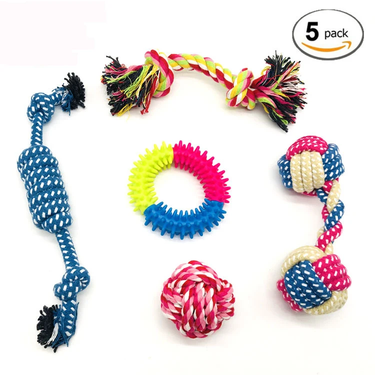 

5pcs Dog Toys Set Puppy Chew Toys Durable Cotton Rope Knot Molar Bite Ball Pet Training Toys For Small Medium Dog Clean Teeth