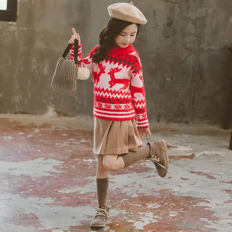 Детский свитер с оленем Новогодняя одежда для маленьких девочек облегающая