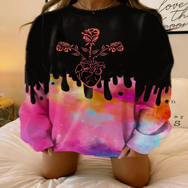 

Black Red Splicing Flowers Print Sweatshirts Vintage Oversized Loose Casual Streetwear O Neck Short Sleeve Pullover Fashion Tops