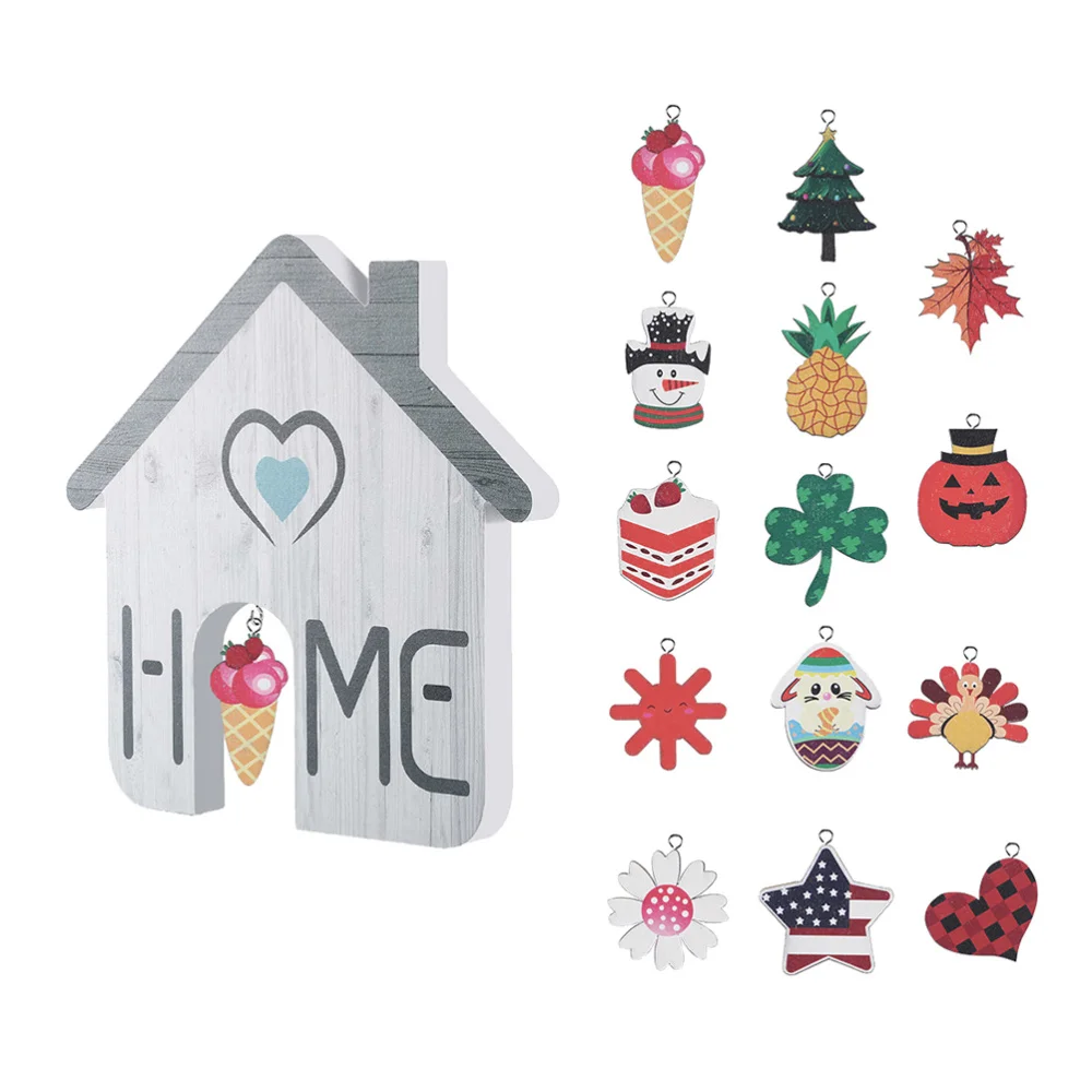 

DIY Wooden House Ornament Creative Festival Desktop Adornment with 14 Pendants