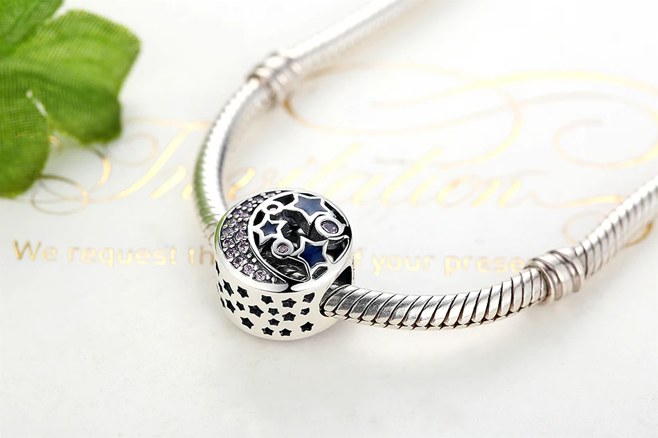 ELESHE 925 Sterling Silvrer Pink Clear CZ Moon Night Sky Star Charm Fit Original Charm Bracelets Necklaces DIY Jewelry Making