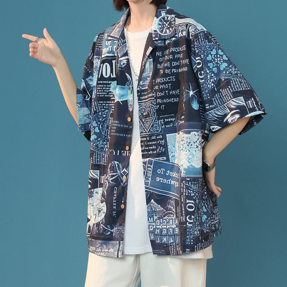 

Korean Short Sleeve Shirts for Men Fun Print Loose Camisas Homme 2021 Summer New Shirt Couple Clothing Tops Japanese Streetwear