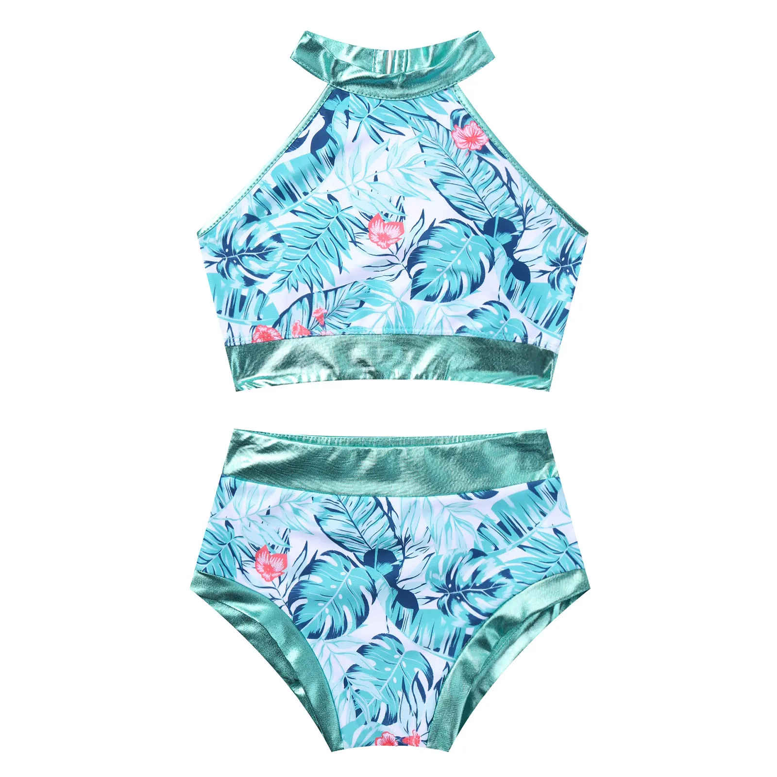 

2PCS Kids Girls Swimming Outfit Swimwear Beachwear Tankini Palm Leaves Print Swimsuit Bathing Suit Bikini Top with Bottoms Set
