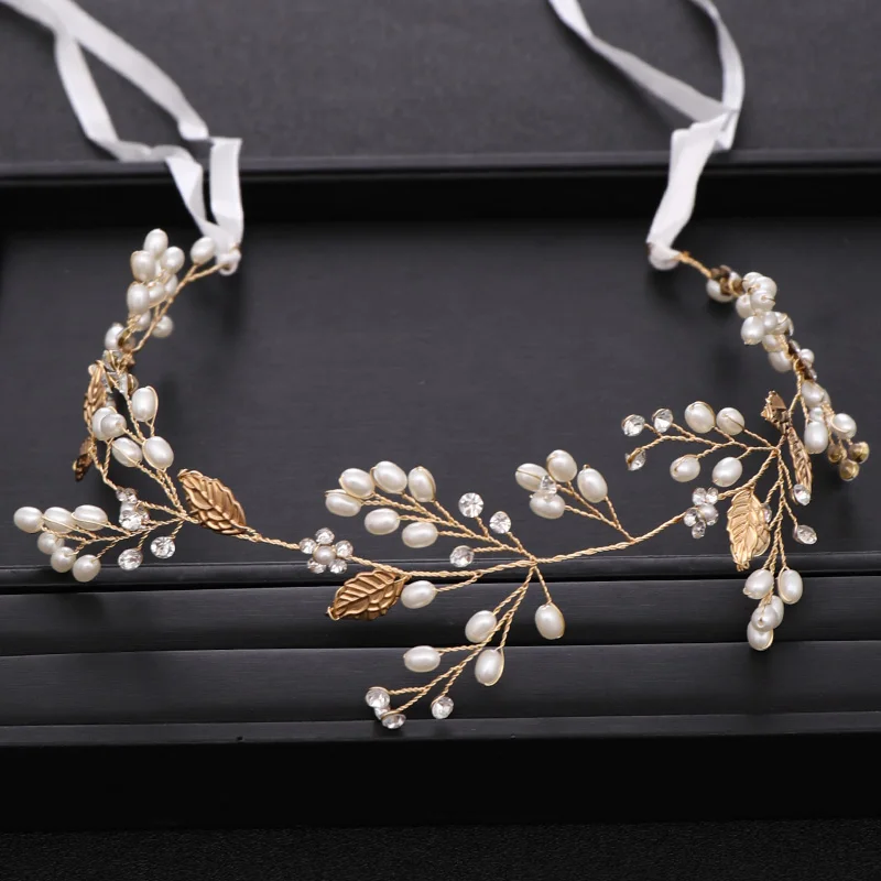 Модный свадебный аксессуар для волос в виде золотого листа и жемчуга |