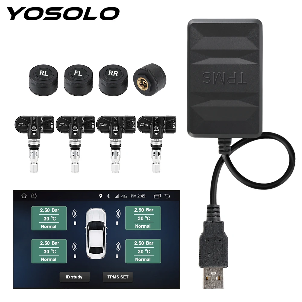 

YOSOLO Tire Pressure Monitoring System Spare Tyre Internal External Sensor Android TPMS for Car Radio DVD Player USB TPMS
