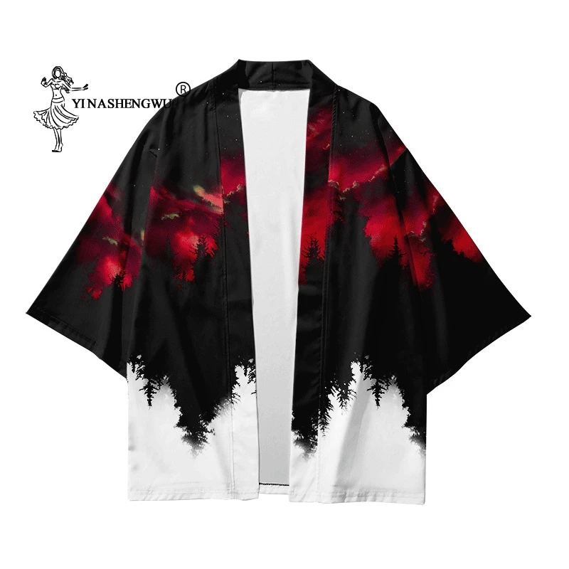 Kimono con estampado japonés para hombre y mujer, ropa Harajuku, cárdigan Haori japonés, camiseta Yukata, abrigos, bata de Bosque Negro, chaquetas sueltas