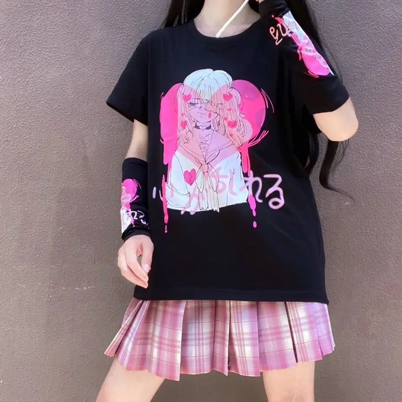

Gothic Japanese Cartoon Print Vintage Summer tees large size fun punk Harajuku hip-hop Ulzzang female ins short-sleeved T-shirt
