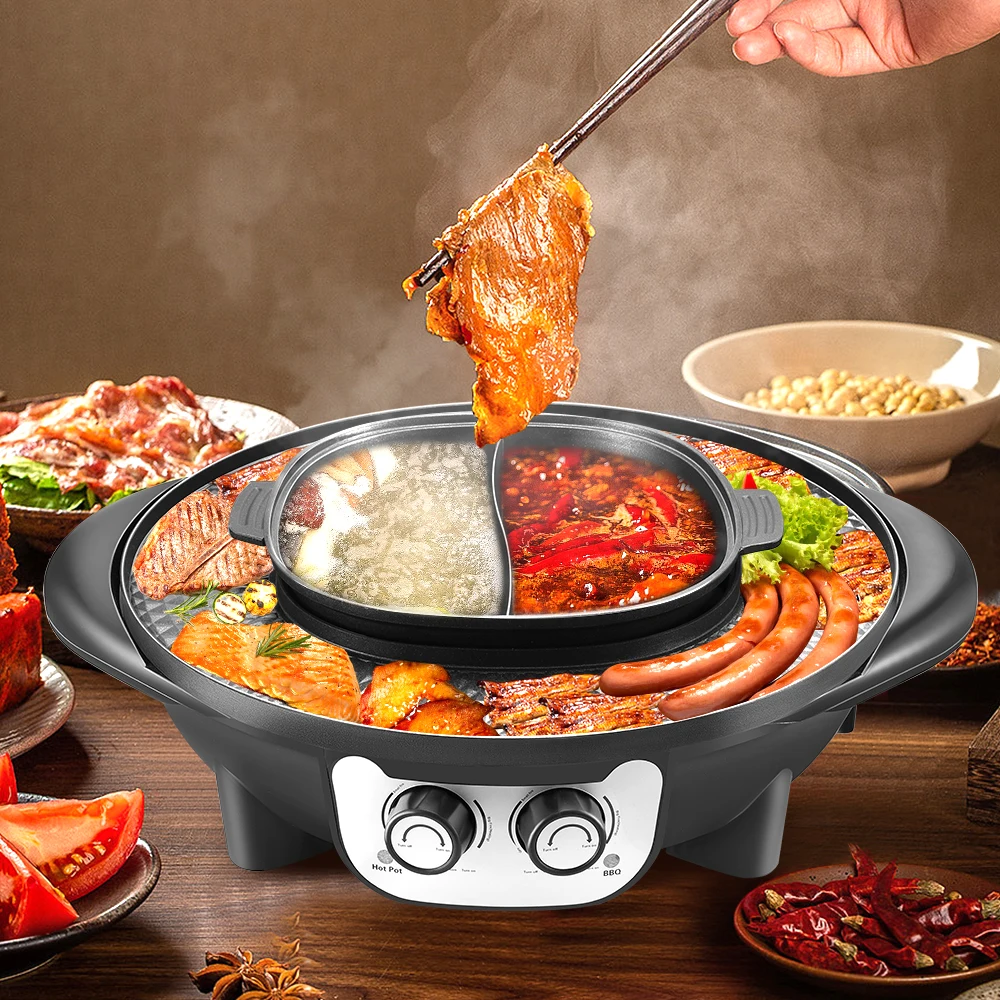 저렴한 2 In 1 휴대용 전기 그릴 냄비 오븐 무연 바베큐 기계 홈 바베큐 실내 야외 로스트 고기 접시 접시 2200W