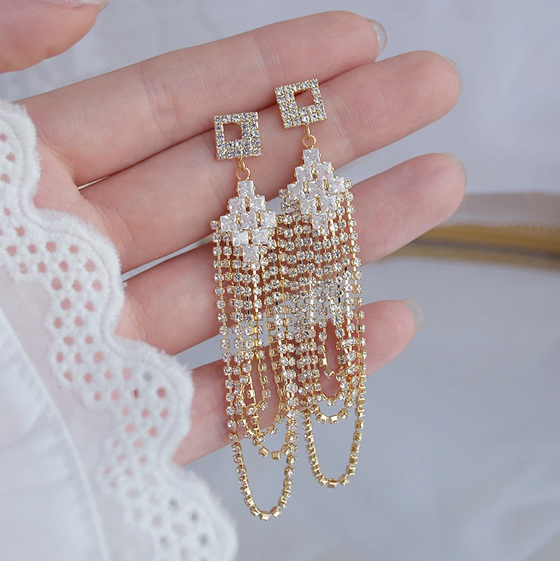 

New Fashion Jewelry 14K Gold Plated Geometric Stud Earrings for Women Gift Shining Zircon Elegant Long Tassel Earrings