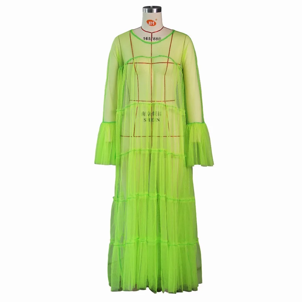 IASKY Lemon green mesh see through cover ups beach long dress sexy women flare sleeve bikini swimsuit bathing suit cover up