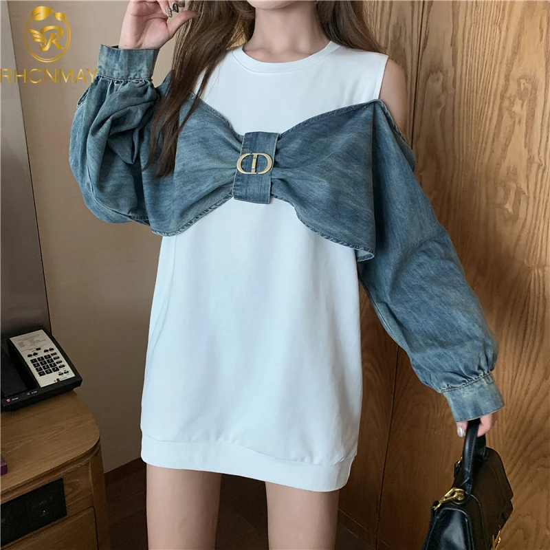 

2020 Spring Fake Two Pieces Sweatershirt Bowknot Demin Patchwork Hoodies Long Sleeve Strapless Women Top Jumper