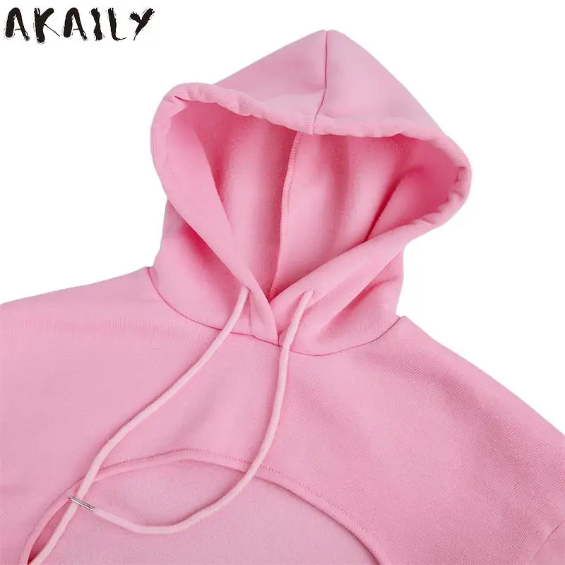 Akaily Autumn Fleece Pink 3 Three Piece Sets Tracksuit Women Outfits Sweatsuits Long Sleeve Hoodies Crop Top And Pants Sets Suit images - 6
