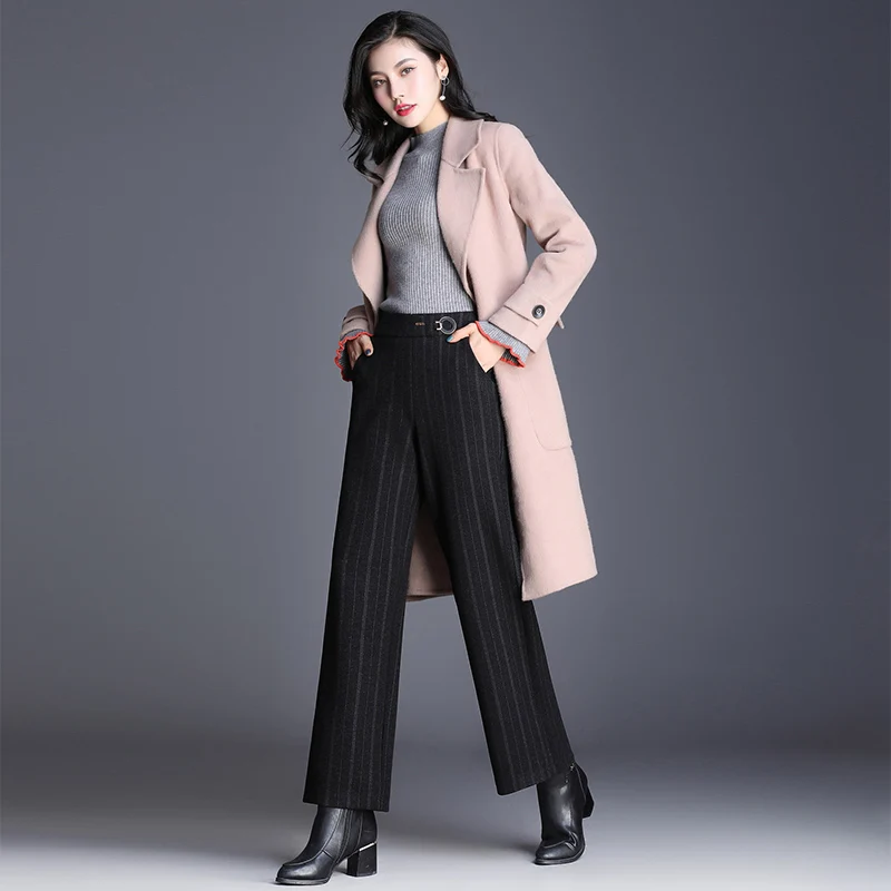 Black small striped Офисная одежда женские шерстяные брюки осень зима широкие брюки плюс размер женские брюки эластичные с высокой талией женские свободные брюки - Цвет: Black small striped