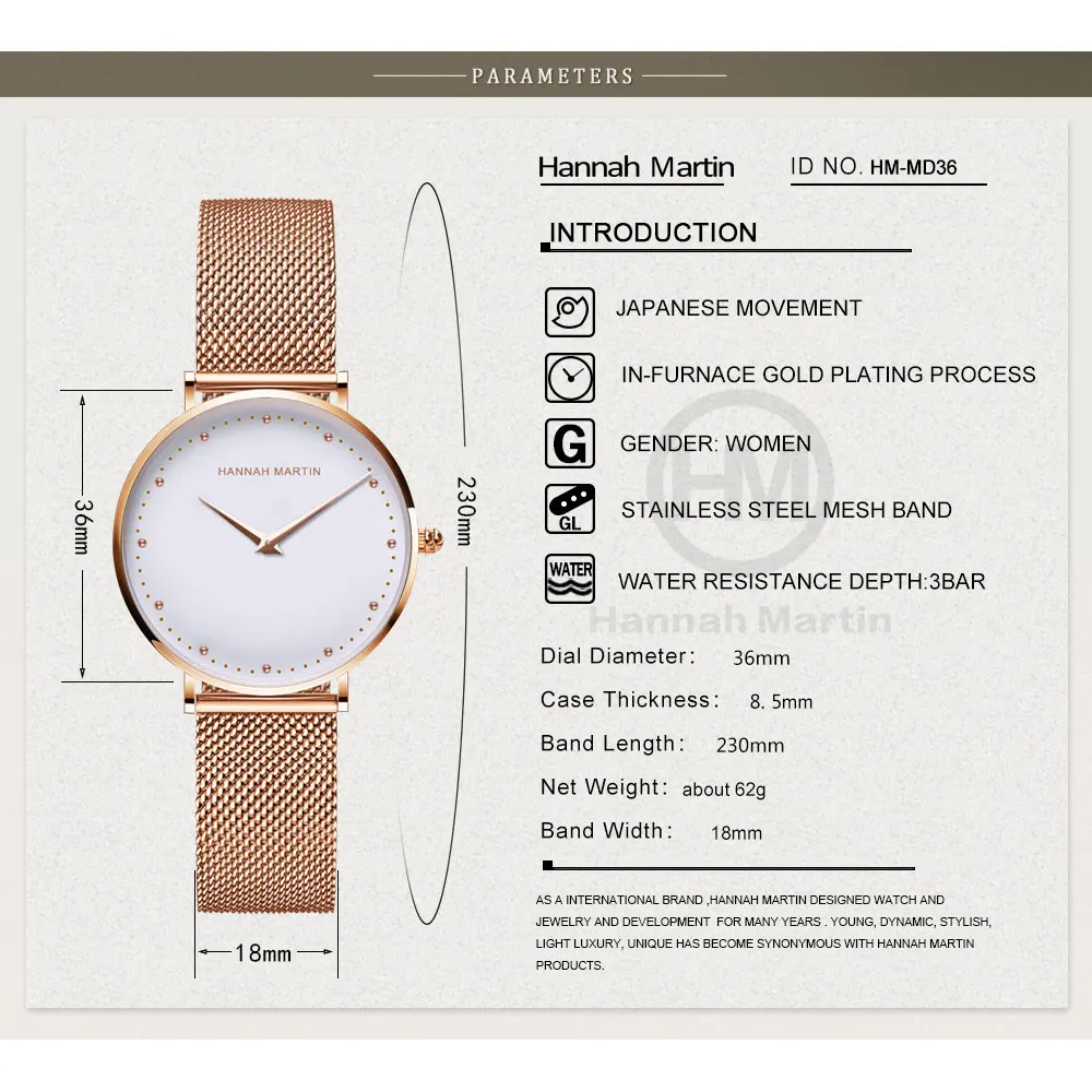 Часы Hannah Martin женские кварцевые из розового золота брендовые Роскошные наручные