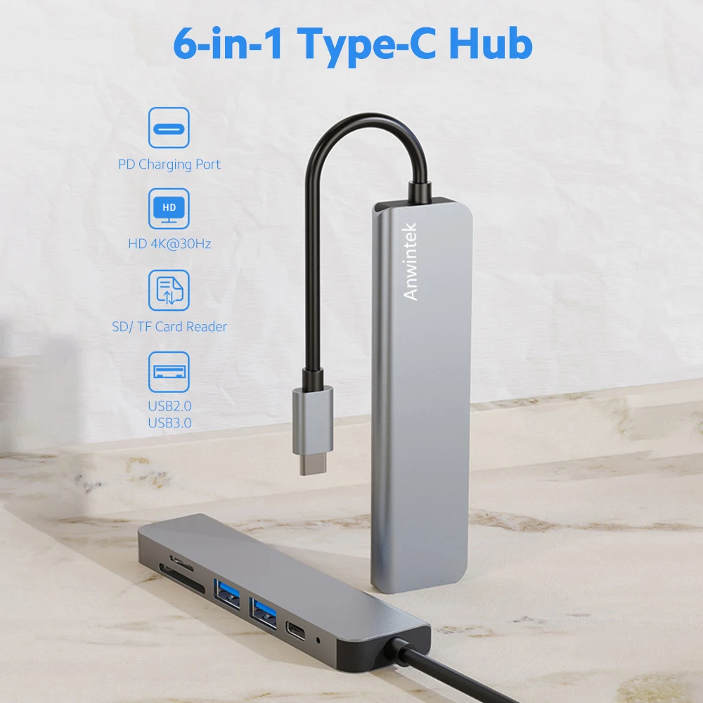 USB-концентратор Anwintek 6-в-1 с разъемом Type-C на HD 4K @ 30 Гц + SD + TF + USB 2,0 + USB 3,0 640 МБ/с. + порт зарядки PD 87 Вт, зеркальное отображение экрана, функция OTG, се...