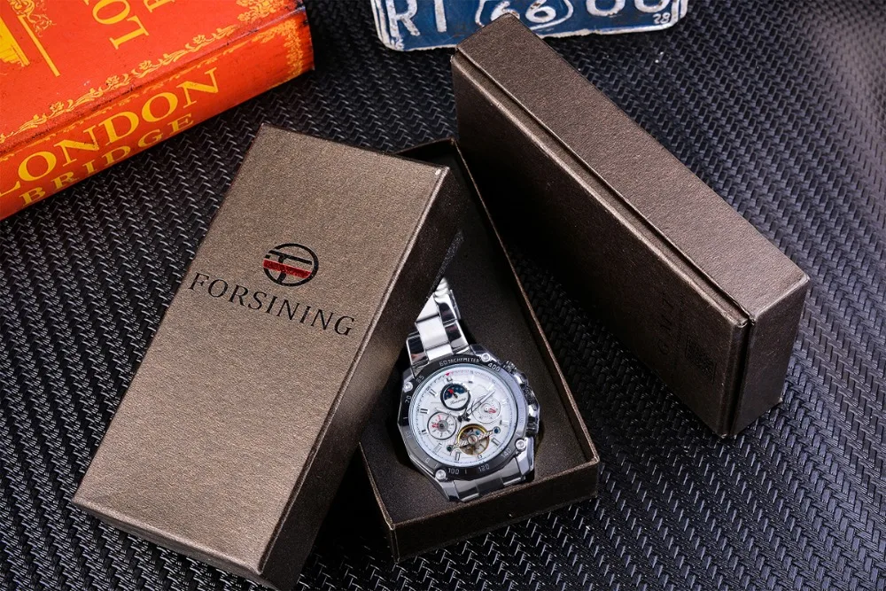 Forsining белый для мужчин Tourbillon механические часы Автоматическая Дата Moonphase сталь Спорт на открытом воздухе бизнес для мужчин Reloj Hombre подарок