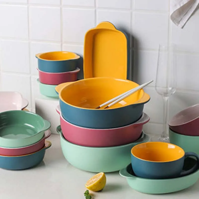 

European-style Ceramic Bakeware Household Microwave Tableware Binaural Baking Bowl Cheese Baked Rice Plate Creative Dish